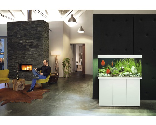 Cameră de zi cu șemineu, acvariu și bărbat așezat