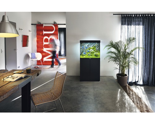 Cameră de zi cu acvariu pe dulap, masă de sufragerie și scaune