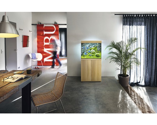 Cameră de zi cu acvariu pe dulap, masă de sufragerie și scaun