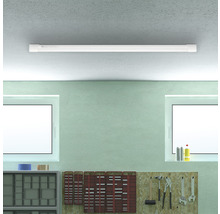 Atelier cu rafturi, panou pentru scule și o singură lampă fluorescentă lungă pe tavan.