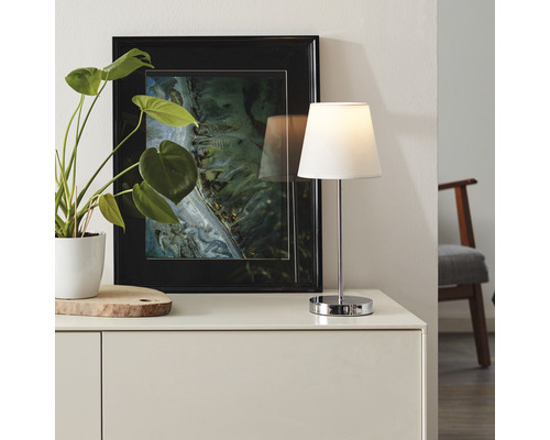 Aranjament decorativ cu lampă de masă, plantă de interior și imagine înrămată pe un dulap