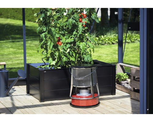 Scenă de seră cu plantă de tomate în jardinieră și un aparat de încălzire