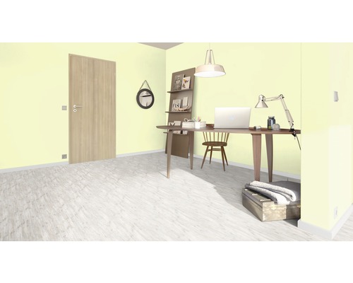 Birou cu birou, scaun, raft, lampă și ușă.