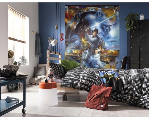 Cameră de tineret decorată cu pictură murală Star Wars, pat și mobilier