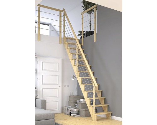 Scară din lemn cu balustradă metalică într-un spațiu de locuit modern.