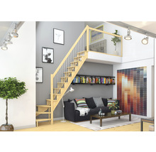 Living cu scară din lemn, canapea, bibliotecă și decorațiuni pentru design interior