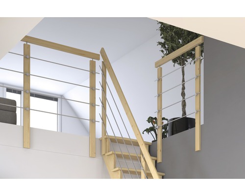 Scară cu balustradă din lemn și cabluri din oțel inoxidabil