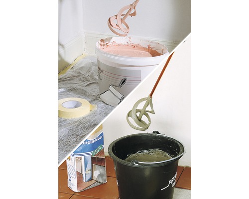 Colaj cu chit într-o găleată, mixer, bandă de mascare și adeziv pentru gresie.