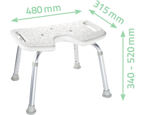 Scaun de duș cu dimensiunile de 480 mm lățime, 315 mm adâncime și 340 până la 520 mm înălțime
