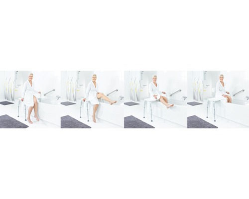 Patru imagini ale unei băi cu cadă, bară de sprijin și ajutor de intrare în cadă cu o doamnă în halat.