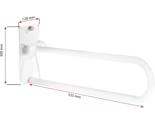 Bară de sprijin rabatabilă cu dimensiunile 555 mm x 300 mm x 128 mm pentru baie