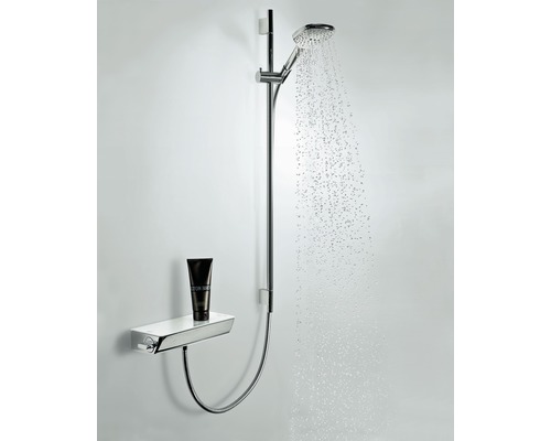 Baterie de duș cu cap de duș, bară de duș și raft cu produs de îngrijire