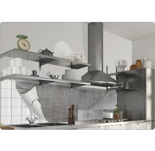 Scenă de bucătărie cu chiuvetă, aragaz, hotă și rafturi