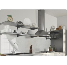 Scenă de bucătărie cu rafturi din oțel inoxidabil, hotă și veselă