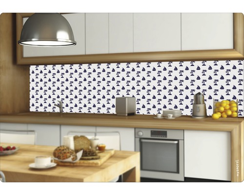 Scenă de bucătărie cu folie de protecție împotriva stropilor cu motiv de palmieri și bărci