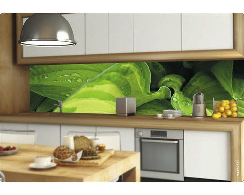 Scenă de bucătărie cu panou de protecție cu motiv de plante, ustensile de bucătărie și alimente pe un blat de lucru.