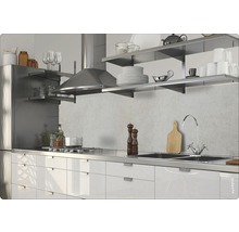 Scenă de bucătărie cu chiuvetă, plită, hotă și rafturi