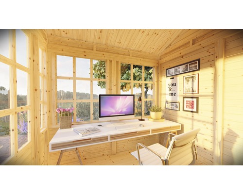 Cabină de grădină din lemn cu spațiu de lucru, birou, computer și ferestre