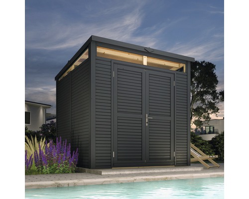 Cabină de grădină din lemn cu ușă dublă lângă piscină