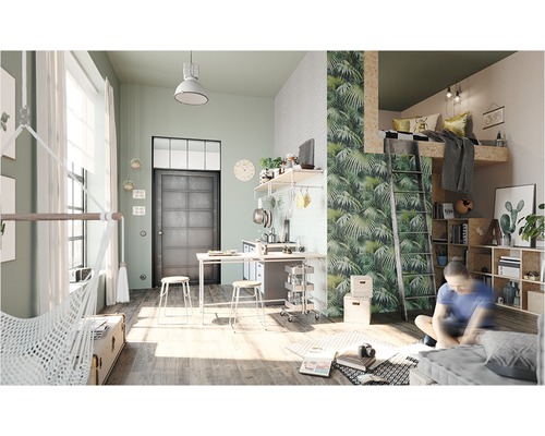 Living luminos cu pat supraetajat, scară, hamac și zonă de bucătărie