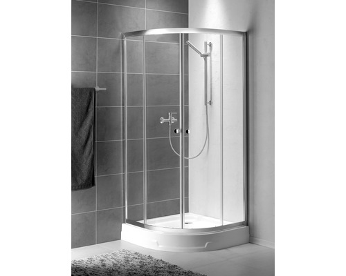Set cabină de duș semirotundă Radaway Premium A900 cu cădiță de duș și sifon, 90x90 cm, sticlă transparentă, profil crom
