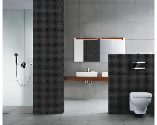 Baie cu duș, lavoar, oglindă și toaletă suspendată.