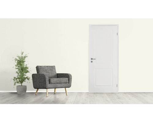 Cameră cu ușă, fotoliu și plantă la ghiveci