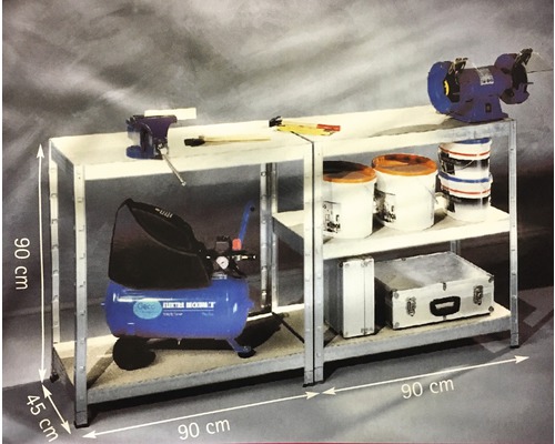Banc de lucru cu menghină, polizor, unelte, compresor și găleți cu vopsea