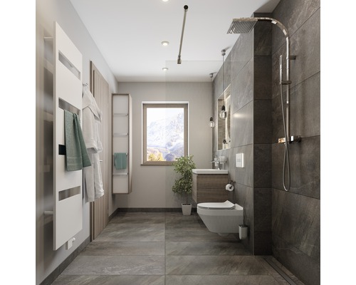 Baie modernă cu duș, toaletă, chiuvetă și radiator pentru prosoape