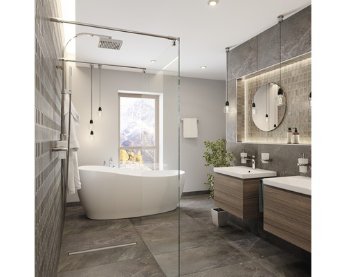 Baie luminoasă cu duș, cadă și lavoar dublu