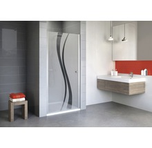 Baie cu cabină de duș cu model ondulat, chiuvetă și oglindă