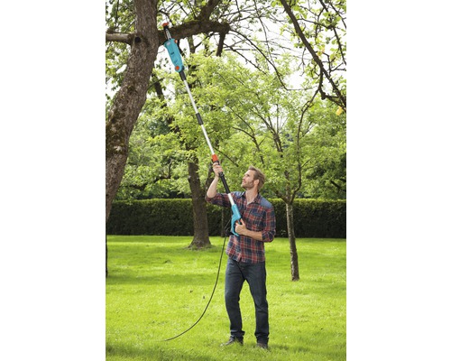 Un bărbat taie un copac cu un fierăstrău telescopic în grădină