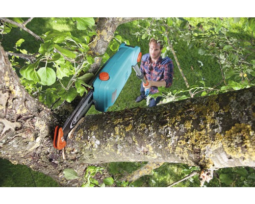 Un bărbat folosește un fierăstrău cu coadă pentru a tăia o ramură.