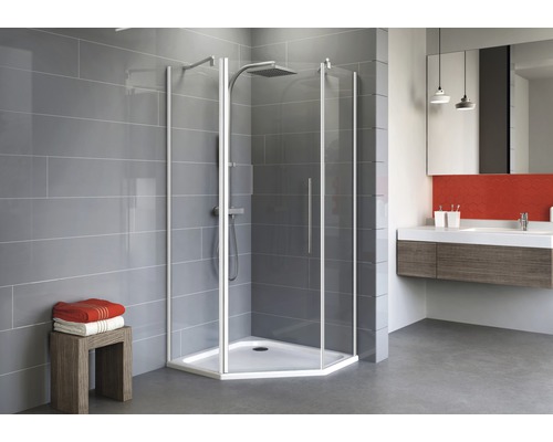 Cabină de duş pentagonală Schulte Alexa Style 2.0, 90x90x192 cm, sticlă securizată transparentă, profil alb