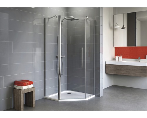 Cabină de duş pentagonală Schulte Alexa Style 2.0, 90x90x192 cm, sticlă securizată transparentă, profil cromat