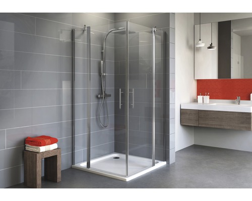 Cabină de duș pătrată Schulte Alexa Style 2.0, 90x90x192 cm, sticlă securizată transparentă Cabină de duș completă cu cadă de duș pătrată și armături într-o baie modernă