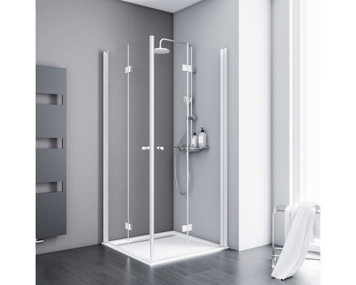 Cabină de duș pătrată Schulte Alexa Style 2.0, 90x90x192 cm, uși pliabile, sticlă securizată transparentă, profil alb