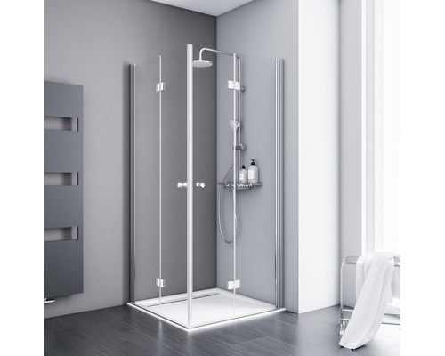 Cabină de duș pătrată Schulte Alexa Style 2.0, 90x90 cm, uși batante pliabile, sticlă securizată transparentă, aspect cromat