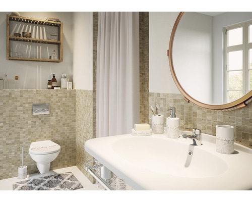 Baie cu chiuvetă, oglindă, toaletă, accesorii de baie și rafturi