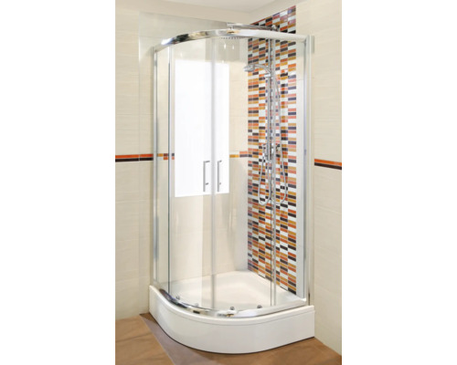 Cabină de duș pe colț cu paravan din sticlă transparentă și cap de duș
