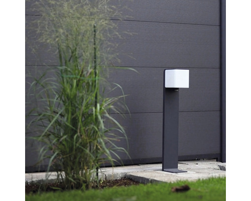 Lampa de grădină lângă o plantă în fața unui gard întunecat