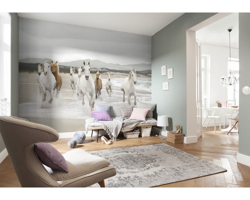 Cameră de zi cu fototapet care prezintă un grup de cai galopând pe plajă, plus fotoliu și covor
