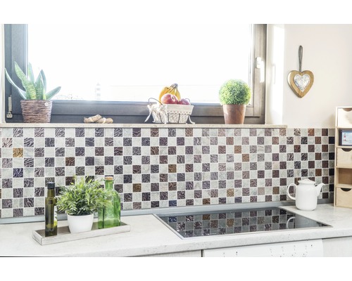 Scenă de bucătărie cu gresie mozaic, plante și plită