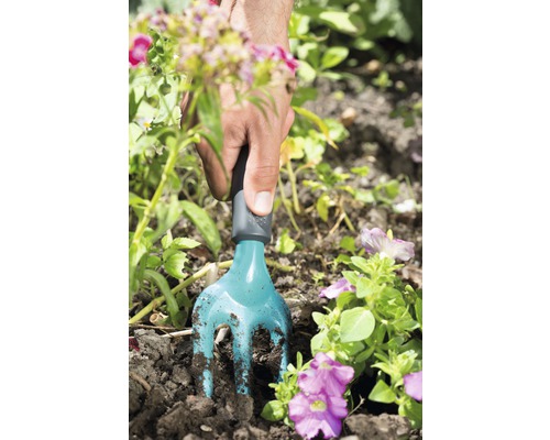 Grădinărit cu o mică gheară de grădină într-o grădină cu flori.