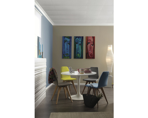 Sufragerie cu masă, scaune și panouri de tavan