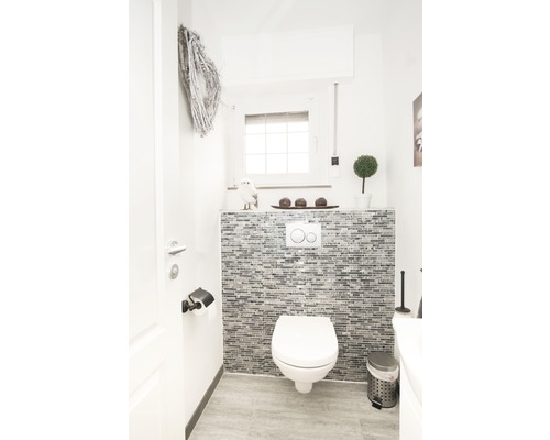 Toaletă modernă pentru oaspeți cu WC, perete mozaicat și decorațiuni