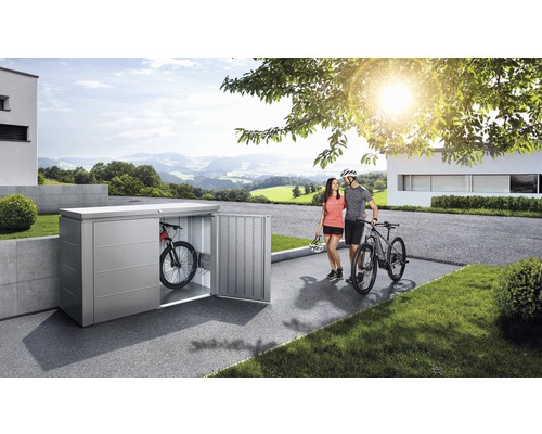 "Cutie metalică pentru biciclete cu ușa deschisă, cu o bicicletă înăuntru