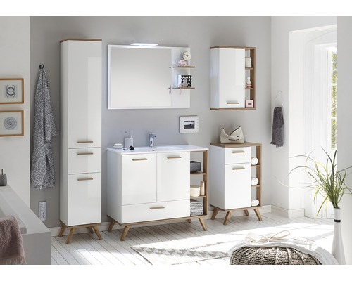 Baie cu lavoar, dulap cu oglindă, dulap înalt și dulap inferior cu picioare din lemn