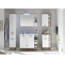 Baie cu lavoar, oglindă, dulap cu oglindă, dulap înalt și dulap inferior cu rafturi cu design modern