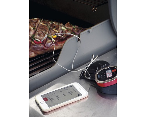 Termometru pentru grătar în uz cu carne pe grătar și aplicație pentru smartphone pentru monitorizarea temperaturii